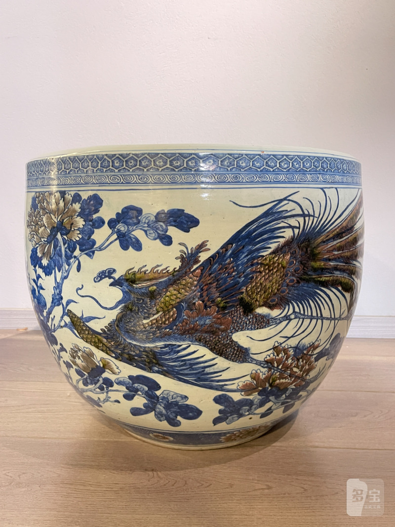 清中期 青花釉里红牡丹锦鸡图大缸 - 图4